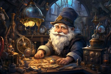 Wall Mural - A quick-witted gnome inventor, creating ingenious gadgets and contraptions to overcome challenges. - Generative AI