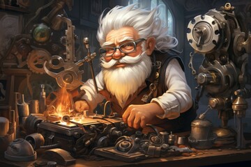 Wall Mural - A quick-witted gnome inventor, creating ingenious gadgets and contraptions to overcome challenges. - Generative AI