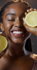 Wall Mural - Lemon, beauty and portrait of black woman with natural vitamin c, skincare benefits and cosmetics in studio. Dermatology, fruit and girl with facial care, glow and healthy skin on dark background