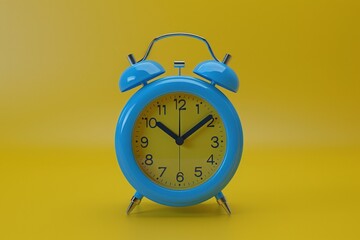 Blue alarm clock on yellow background