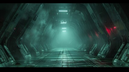 In this scary scene, an alien spaceship is seen from the inside, a space panoramic is seen, and there is a scary corridor inside the extraterrestrial spacecraft. The theme is future, space, scifi,