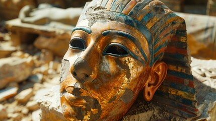 Old luxury painted sarcophagus close-up, gold mask of pharaoh in Ancient Egyptian tomb. Theme of Egypt, antique, history, mummy, art.