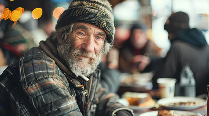 Positive homeless man sits at a table in a bustling shelter dining hall, surrounded by other individuals