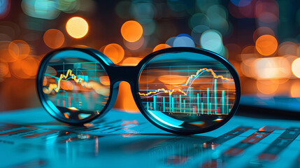 Wall Mural - A pair of glasses with a reflection of a graph on a piece of paper