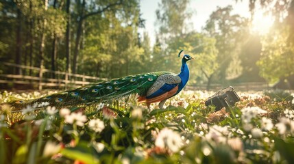 Canvas Print -   A majestic peacock gracing the center of a lush green meadow, bathed in golden sunlight filtering from the surrounding tree canopy