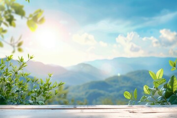 table background of free space for your decoration and blurred landscape of mountains.Blue sky with sun light and green small leaves with geneative ai