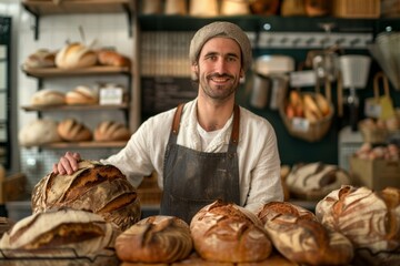 Wall Mural - proud male baker wearing apron baking bread at bakery, smiling and looking to the camera, presenting sourdough breads