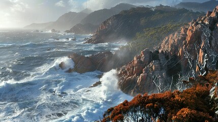 Poster -   A rocky shore is adjacent to a large body of water Waves crash onto the shore as trees are visible in the foreground