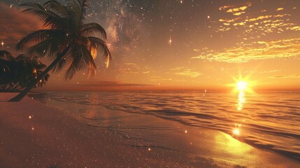 Wall Mural - Beautiful sunset on the beach with palm trees against a starry sky