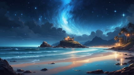 Wall Mural - Aqualuna's shores are a breathtaking confluence of sea and sky,