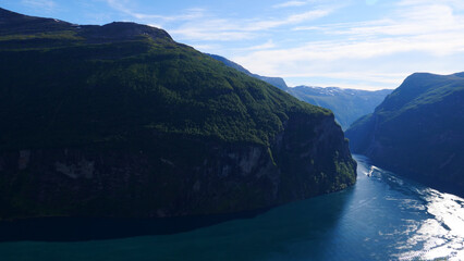 Wall Mural - Fjord Geirangerfjord with ferry boat, Norway.