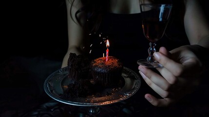 Poster -   A woman holds a glass of wine in front of a chocolate cupcake with a lit candle on top