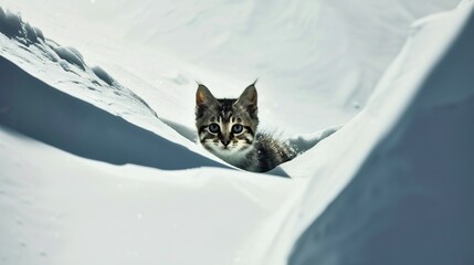 Sticker -   Small kitten peeking out from behind snow-covered mountain, curiously facing camera