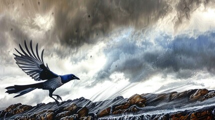 Canvas Print -   A blue bird flies over a rocky mountain beneath a cloudy sky, with a bird in the foreground