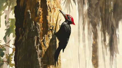 Wall Mural -   Redheaded Woodpecker on a Tree in Forest with Palm Trees