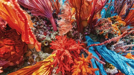 Wall Mural -   A close-up of various colorful corals and algae on the ocean floor, surrounded by a blue sky