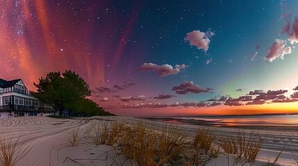 Wall Mural -   A house perched atop a sandy seashore beneath a starlit canvas adorned with vibrant hues of pink and purple auroras