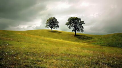   A grassy hill with two trees and a cloudy sky in the back, grass in the foreground, and flowers in the foreground