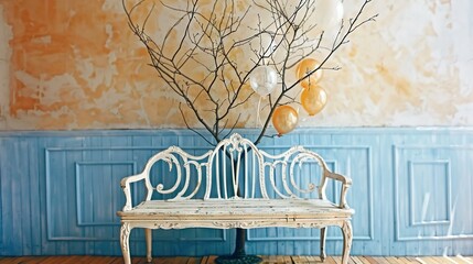 Sticker -   A white bench sits beside a blue-painted wall, with balloons dangling from the tree's branches in front of it