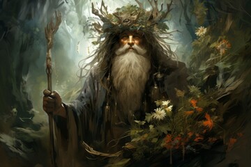 Canvas Print - A wise and ancient druid, attuned to nature and capable of transforming into beasts. - Generative AI
