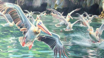 Wall Mural -   A painting depicts a group of pelicans soaring over water with a forest in the distance