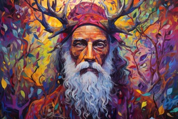 Wall Mural - A wise and ancient druid, attuned to nature and capable of transforming into beasts. - Generative AI