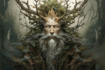 Wall Mural - A wise and ancient druid, attuned to nature and capable of transforming into beasts. - Generative AI