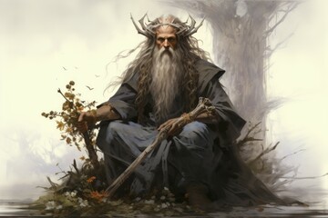 Wall Mural - A wise and ancient druid, attuned to nature and capable of transforming into beasts. - Generative AI