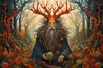 Wall Mural - A wise and ancient druid, attuned to nature and capable of transforming into beasts. - Generative AI