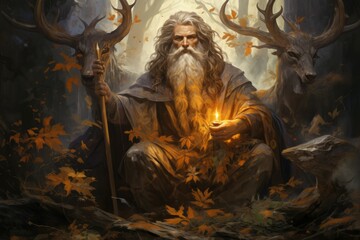 Wall Mural - A wise and ancient druid, attuned to nature and capable of transforming into beasts. - Generative AI