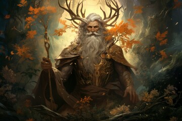 Wall Mural - A wise and ancient druid, attuned to nature and capable of transforming into beasts. - Generative AI
