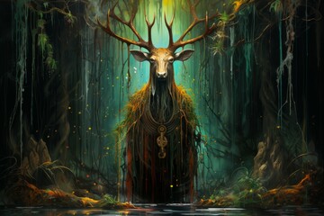Wall Mural - a wise and ancient druid, attuned to nature and capable of transforming into beasts. - generative ai