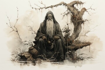 Wall Mural - A wise and ancient druid, attuned to nature and capable of transforming into beasts. - Generative AI