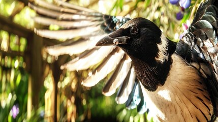 Sticker -   A black-and-white bird with its wings spread and open eyes