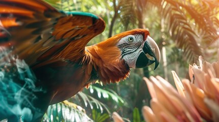 Poster -   Close-up image of parrot in flight, surrounded by tree-filled environment and illuminated by sunbeams filtering through foliage