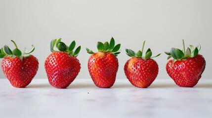 Wall Mural - Five strawberries on a white surface