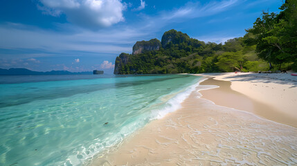 A beautiful beach with a clear blue ocean and a rocky mountain in the background