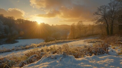 Wall Mural - Sunset and intense winter sunshine above the woodland and snowy landscape