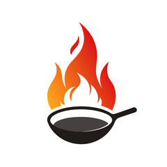 Poster - a high resolution minimalist logo for Restaurant, vector art illustration with a pan with flying food elements and flames icon