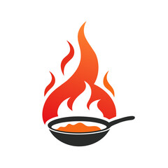 Poster - a high resolution minimalist logo for Restaurant, vector art illustration with a pan with flying food elements and flames icon