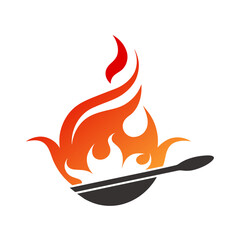 Poster - a high resolution minimalist logo for Restaurant, vector art illustration with a pan with flying food elements and flames icon