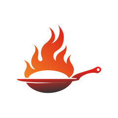 Poster - a high resolution minimalist logo for Restaurant, vector art illustration with a pan with flying food elements and flames icon