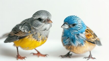 Wall Mural -   A pair of tiny birds perched on a white background against a white backdrop