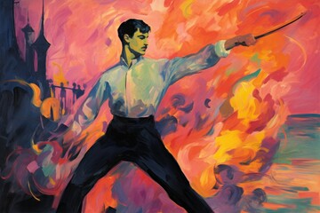 Wall Mural - A cunning and nimble swashbuckler, engaging in daring swordplay and acrobatic maneuvers. - Generative AI