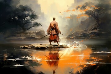 Canvas Print - a solemn and disciplined monk, mastering martial arts and achieving inner harmony. - generative ai