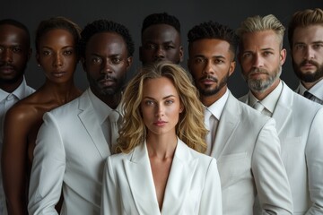 Portrait of a group of stylish people in white suits. A group of businessmen in white suits