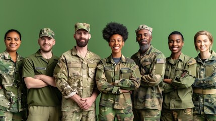 Wall Mural - A group of diverse veterans in military attire, proudly standing against a solid green background