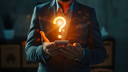 A person in a suit holding a smartphone in one hand and a glowing question mark in the other