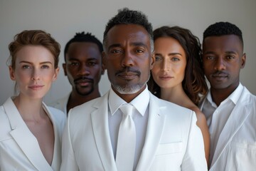 Portrait of a group of stylish people in white suits. A group of businessmen in white suits