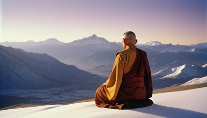 Wall Mural -  Buddhist monk in meditation at beautiful sunset or sunrise background on high mountain, back view
